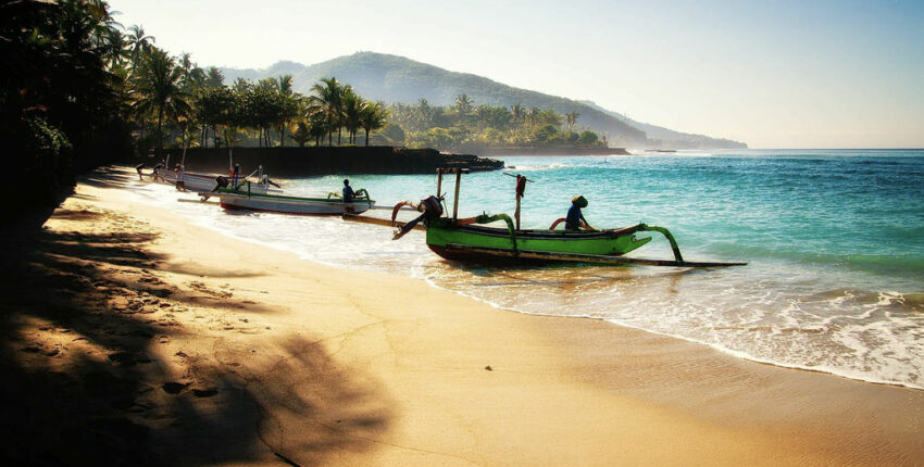 Plage tropicale avec bateaux et palmiers.