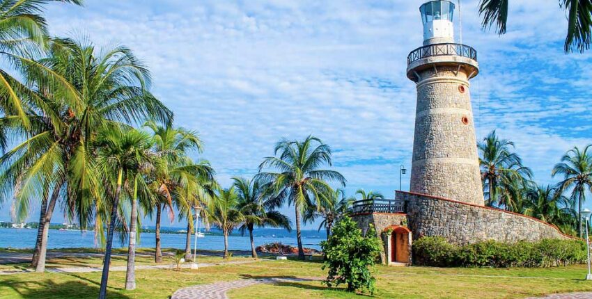 Côte paradisiaque avec phare ensoleillé et palmiers.