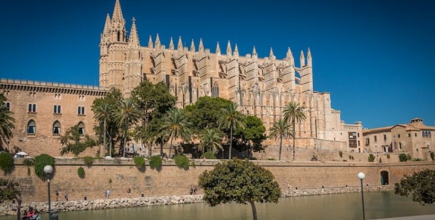 Cathédrale gothique avec flèches et palmier devant l'eau.